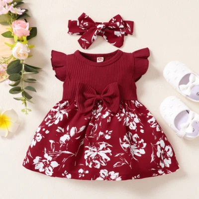 Newborn Baby Girl Floral Ribbed Ruffle Romper Jumpsuit Dress Headband Outfit Set - image 1 of 4