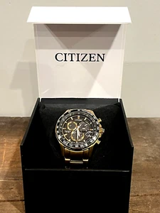 CITIZEN ECO-DRIVE RADIO CONTROLLED GOLDEN TONE WITH BLACK DIAL MEN'S WATCH (21C) - Picture 1 of 8
