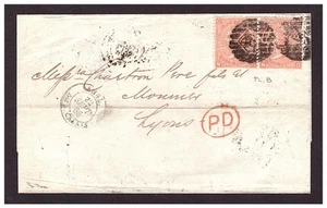 SG94 Plate 8 4d Vermilion pair on 1866 cover from London to Lyon, France. - Picture 1 of 2