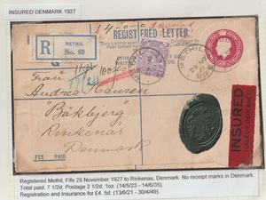 1927 POSTAL STATy. REGd. ENV SMALL SIZE G UPRATED & INSURED METHIL TO DENMARK - Picture 1 of 2
