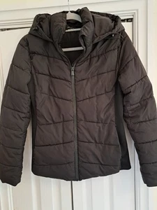 Zara Black Puffer Coat, Size L With Hood, Elastic Panels Ex Con, Ideal 4 School. - Picture 1 of 8