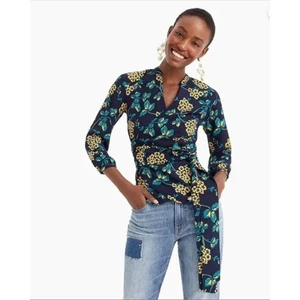 Blusa Top Floral J.Crew XS Manga Larga Cuello Atado Azul Marino Amarillo Verde azulado - Imagen 1 de 11