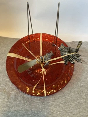 Cheese Ball Bowl Red Glass Silver Cardinal Matching Silver Spreader Hammeredlook - Image 1 of 4