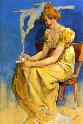 WOMAN DRINKING HOT COFFEE CHOCOLATE SMOKE BY MUCHA VINTAGE POSTER REPRO - Image 1 of 3