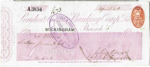 LONDRES & COUNTY BANKING COMPANY CHEQUE LIMITADO SUCURSAL BUCKINGHAM 1884 - Imagen 1 de 2