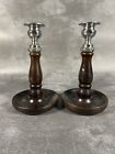 2 Wooden And Silver Plate Candlesticks 