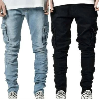 Mens Slim Fit Jeans Stretch Cargo Denim Pants Pocket Skinny Casual Trousers - image 1 of 4