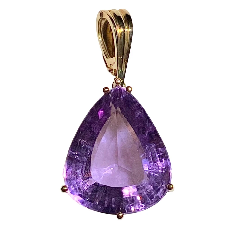 LG SOLID 14K YELLOW GOLD HUGE DEEP PURPLE AMETHYST TEARDROP NECKLACE PENDANT - Image 1 of 4