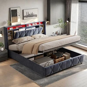 LED Boxspringbett Ehebett 140x200 Bettgestell mit Stauraum-Kopfteil&Bettkasten - Bild 1 von 11