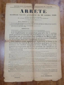 rare Affiche arrêté préfecture de Moulins Allier 30 novembre 1920 régionalisme - Imagen 1 de 4