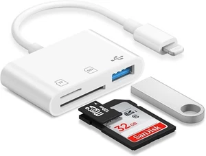 Lector de Tarjetas SD para iPhone, Lector de Tarjetas de Memoria de 3 Puertos, Blanco - Imagen 1 de 6