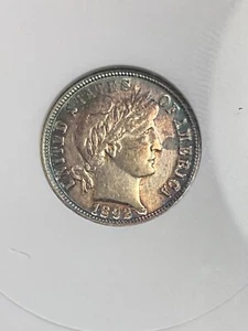 ANACS AU50 1892 BARBER DIME BEAUTIFUL COLOR POPULAR FIRST YEAR - Picture 1 of 3