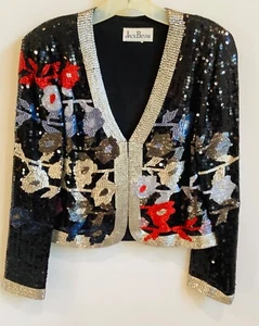 Jack Bryan Vintage Nero Multicolore Paillettes Bolero Taglia S Manica Lunga - Foto 1 di 3