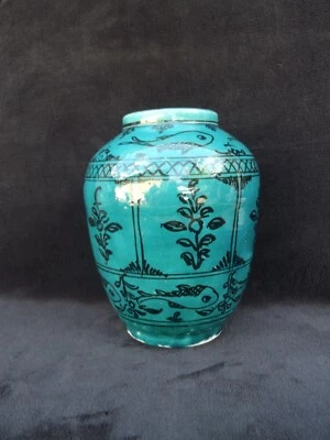 Vase céramique Iran Qajar Islamic Kadjar Perse céramique Poissons Bleu turquoise - Photo 1/4