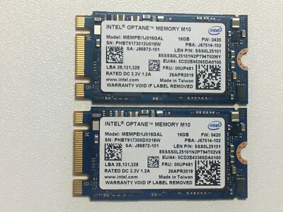 2 pcs new Intel Optane Memory M10 MEMPEI1J016GAL 16GB M.2 2242 NVMe PCIe FW:0420 - Image 1 of 4