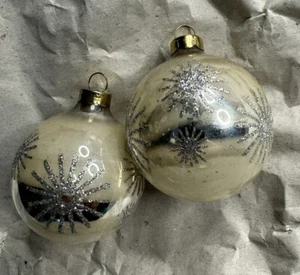 vintage RAUCH Blown Mercury Glass Ball Christmas ORNAMENT LOT/2 stenciled snow - Picture 1 of 7