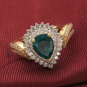 2.0Ct Pear -Created Emerald Diamond Women's Wedding Ring 14K Yellow Gold Plated - Picture 1 of 13