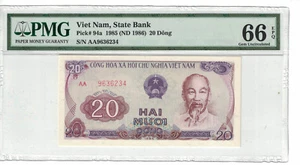VIETNAM 20 DONG 1985 PREFIX "AA" PICK# 94a PMG:66 EPQ GEM UNC. (#966) - Picture 1 of 2