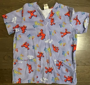 Sesame Street Womens Size M V-Neck Blue Elmo Haha Again Scrubs Top - Picture 1 of 6