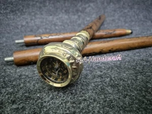Beautiful Designer Antique Compass Style Solid Brass Head Handle Wooden Walking - Picture 1 of 8