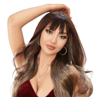 Wine Red Mixed Blonde Highlights Wigs with Bangs 12 Inch Wig Fanshion Women - Изображение 1 из 4