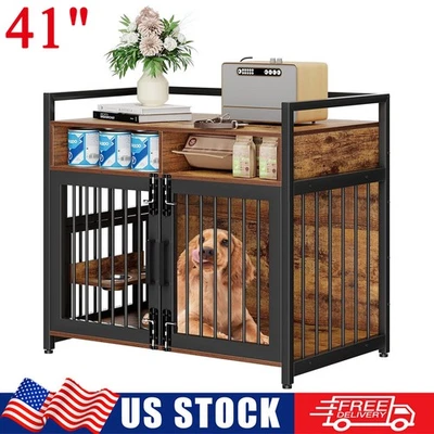 41" Large Dog Crate Furniture Heavy Duty Wooden Dog Kennel w/ 2 Drawers & 2 Bowl - Image 1 of 4