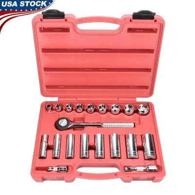 20Pc 3/8 Drive SAE Socket Set Chrome Vanadium Steel Ratchet Extension Case New - Image 1 of 4