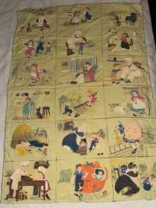 Vintage 1930-1940's Nursery Rhyme Print Quilted Baby Blanket 48" x 34" NICE - Picture 1 of 6