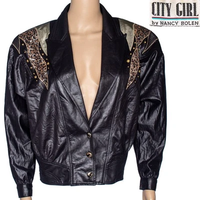 Chaqueta Vintage Años 80 City Girl Nancy Bolen Imitación Cuero Moto Look Animal Print XL Foto 1 de 4