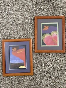 Pegge Hopper Set Of 2 Art Framed Prints Hawaiian Woman Anthurium Flower Vintage