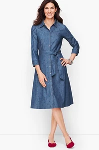 Talbots Dot Denim Belted Shirtdress Dress Blue Cotton Size 2 XS Knee Length - Picture 1 of 5