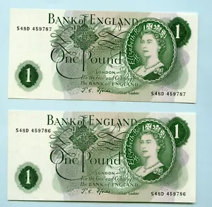 Pair Bank of England One pound £1 Banknotes 1967 Signature J Fforde Prefix s48d - Picture 1 of 2