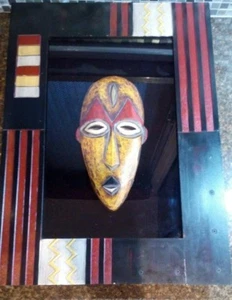 African Mask Tribal Wood Hand Carved Vintage Wall Art in Wood and Glass frame - Picture 1 of 4