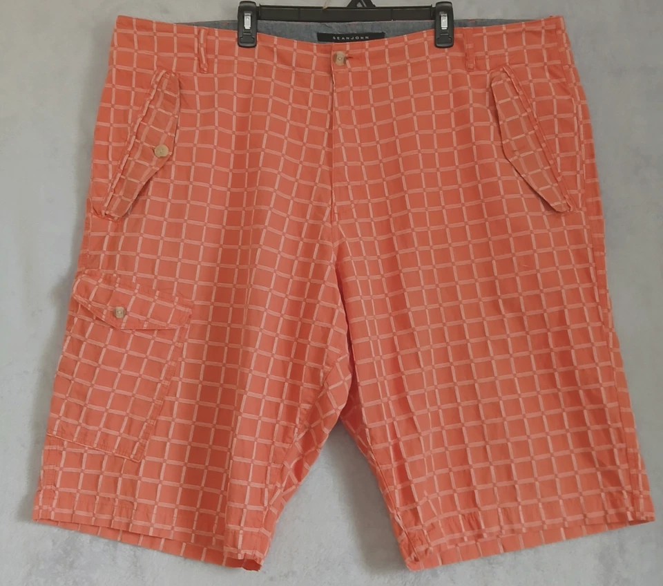 Sean John Men's 46B Bermuda Shorts Orange Check Golf Cotton Casual Cargo Safari - Image 1 of 4