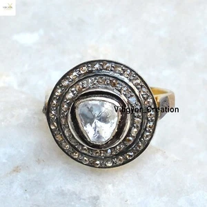Anillo de diamantes Pave plata 925 Polki joyería chapado en oro anillo unisex regalo de cumpleaños - Imagen 1 de 4