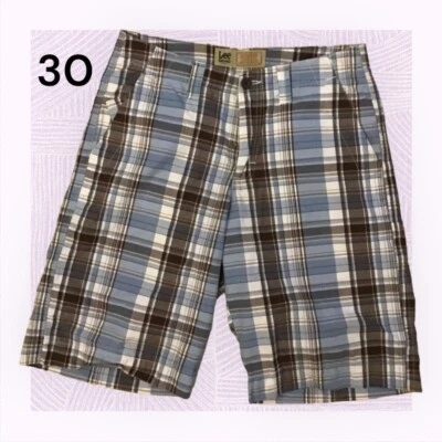 Lee Dungaree Shorts Mens Size 30 Blue Red Plaid Preppy Fit Flat Front Cotton - Image 1 of 4