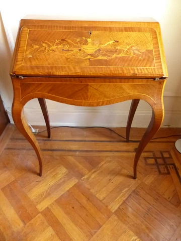 Antique Figured Walnut French Ladies Writing Desk, Marquetry Cover