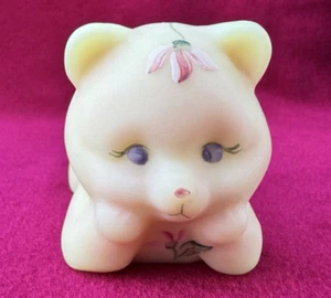 FENTON SATIN BURMESE URANIUM GLASS LAYING BEAR FIGURINE HAND PAINTED SIGNED - Picture 1 of 17