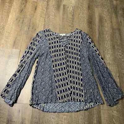 Entro Blouse Womens Size Medium Blue Geometric Floral Bell Sleeves Crisscross - Image 1 of 4