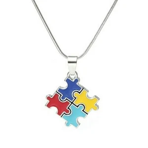 Enamel Puzzle AUTISM AWARENESS 4-color 3/4" Pendant Necklace with 16" Rope Chain - Picture 1 of 2