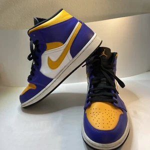 Nike Mens Air Jordan 1 Mid 'Lakers' Lace-Up Sneakers Multicolor Size 10 - Picture 1 of 16