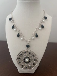 WHBM Filigree Pendant Double Chain Silver Tone Faux Pearls Black Beads - Picture 1 of 4