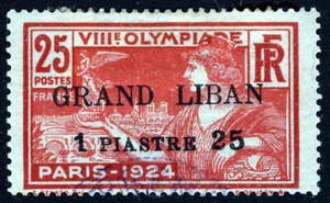 LEBANON 1924 Surcharged 1 Piastre 25 on France 25c. Olympics Issue SG 19 VFU - Picture 1 of 2