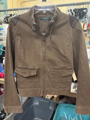 Chaqueta Lauren Ralph Lauren Marrón Denim Elastizada Cremallera Completa Cuero Talla 14 Foto 1 de 4