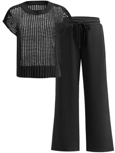 Zweiteilige Damen-Outfits gehäkelt transparent Strickpullover Oberteil weites Bein Hose Lounge... - Bild 1 von 9