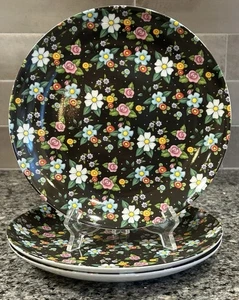 "En casa con platos de ensalada Mary Engelbreit flores con fondo negro 8,5"" D cantidad 3" - Imagen 1 de 11