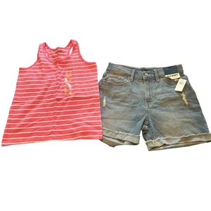 NWT Old Navy Girls Cuffed Denin Shorts and Stripe Tank Top Sz: Shorts 14 Top XL - Picture 1 of 5