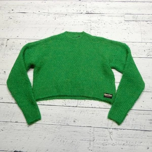 Superdry Sweater Womens Small Green Fuzzy Knit Cropped Crewneck Ribbed Hem - Picture 1 of 9