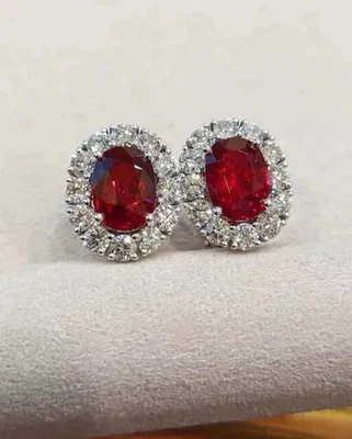 3Ct Oval Cut Lab Created Red Ruby Women's Earring Stud 14K White Gold Plated - Image 1 of 4