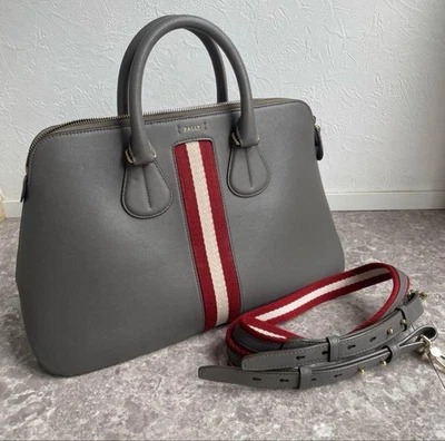 BALLY Gray Leather Business Bag Red & White Stripe Double Handles, Removable St - Image 1 of 4